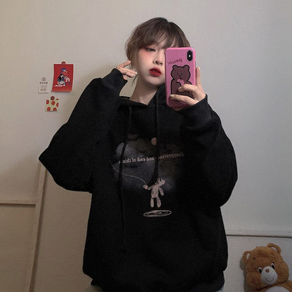 jinran Harajuku New Black Baggy Pullover Fashion Fleece Thicken Letter Printing Sweatshirt Casual Lazy Raglan Sleeves Drawstring Hoodie