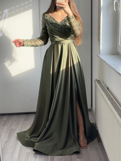 jinran Women Elegant Forma Dress 2023 Hollow Tulle Lace Patchwork Deep V-neck Long Sleeve Cascading Ruffles Fashion Swing Long Dress