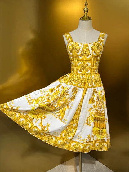 jinran Fashion yellow flower porcelain printed corset cup suspender dress 2024 summer women's new waist swing long A-line skirt