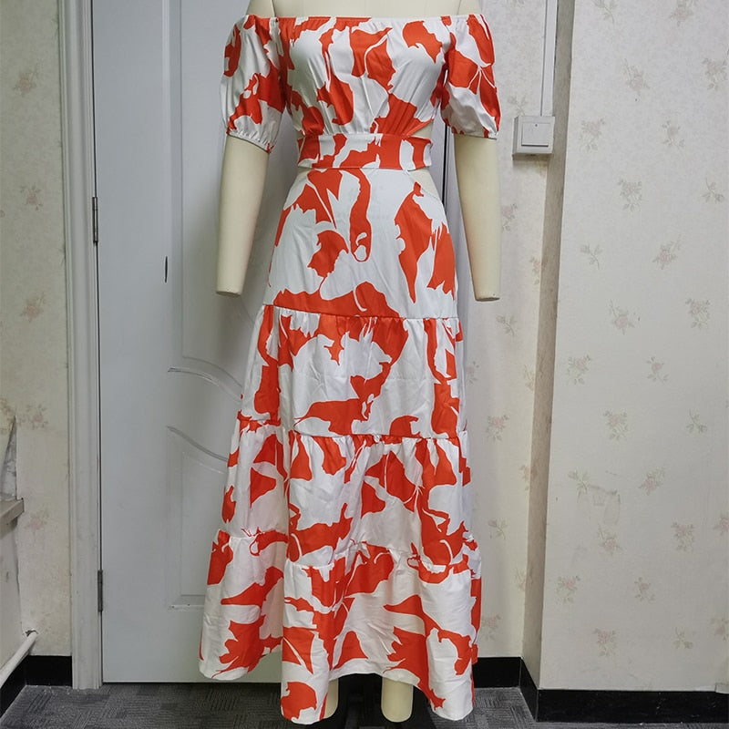 jinran Women Dress Sexy Off-Shoulder Printed Cutout Lace-Up Dresses  Evening Party Beach Long Skirt Robe Femme