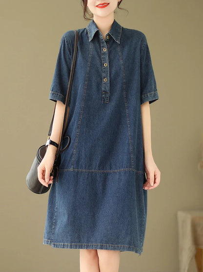 jinran 2024 Summer New Korea Woman Dress Vestidos Robe Elbise Loose Plus Size Fashion Polo Short Sleeve Denim Dresses