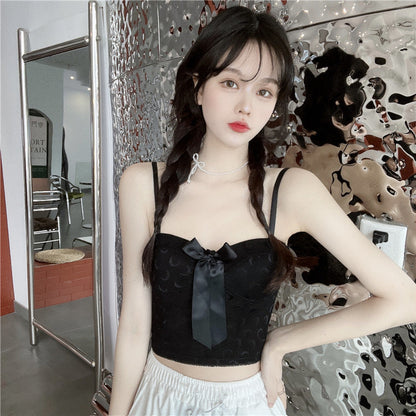 jinran Sexy Crop Top Women Crescent Moon Decorate Tank Top Bowknot Fixed Cup Padded Push Up Seamless Camisole Summer 2022 New