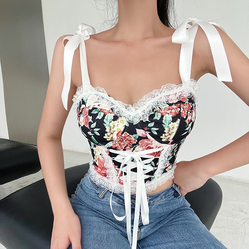 jinran Top Womens Summer Tank Tops Sexy Elegant Vest Corset Straps Sleeveless Lace Design Printing Fashion Chic Club Party Wear