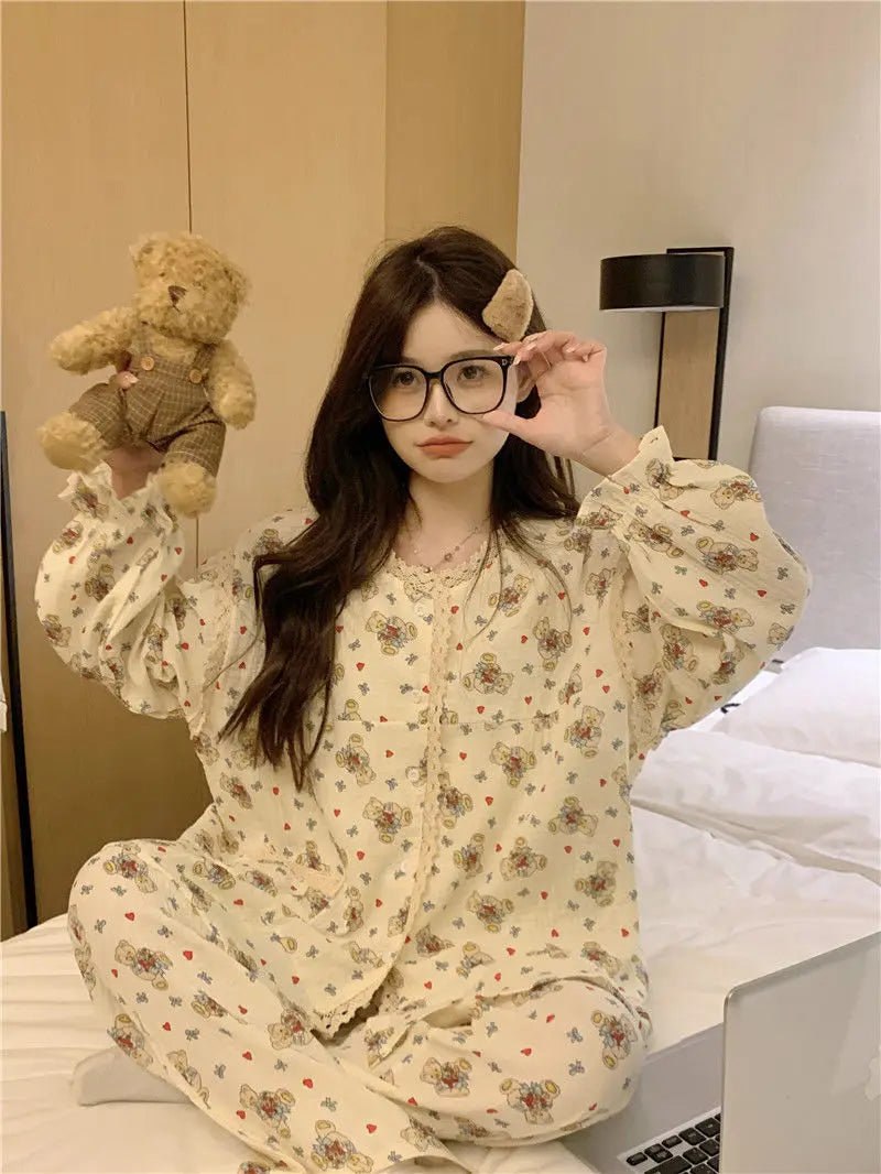 jinran 2024 New Sweet Spring Women Home Suits Female Lace Trim Cute Pajamas Sets Girls Cartoon Long Sleeves Trousers Simple Nightwear