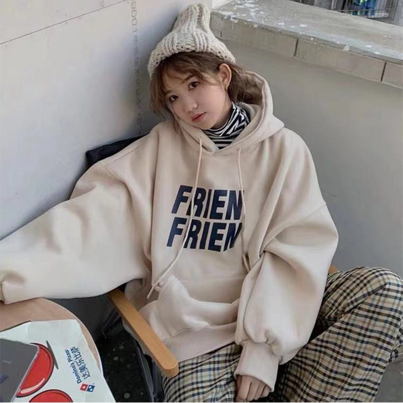 jinran Korean Fashion New Grey Loose Fleece Pullover Vintage Pocket Letter Printing Sweatshirt Lazy Casual Raglan Sleeves Hoodie Autumn