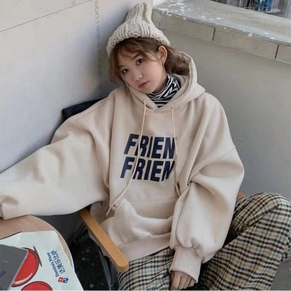 jinran Korean Fashion New Grey Loose Fleece Pullover Vintage Pocket Letter Printing Sweatshirt Lazy Casual Raglan Sleeves Hoodie Autumn