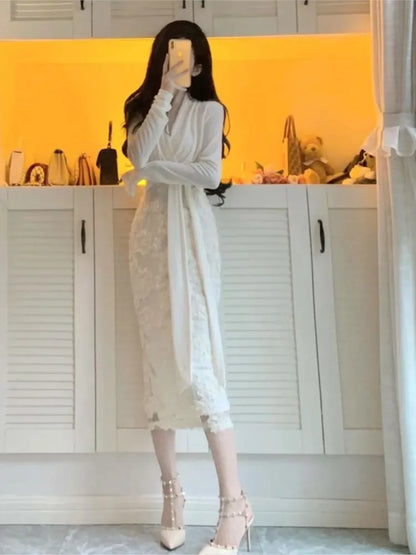 jinran Women Elegant Flowers Bandage One-piece Dresses Spring Long Sleeve Patchwork Luxury Party Vestido Office Lady Clothing