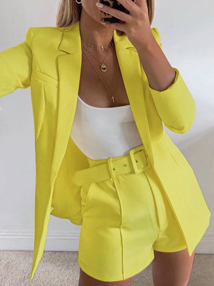 jinran New Spring and Summer Suit Jacket Shorts Sexy Temperament Women's Fashion Casual Lapel Cardigan Fashion Belt Women's Wear  Set