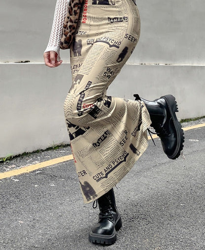 Vintage Newspaper Letter Print High Waist Long Skirt Women Distressed Harajuku Slim Pencil Skirts Aesthetic Y2K Chic