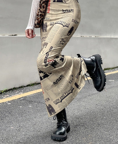 Vintage Newspaper Letter Print High Waist Long Skirt Women Distressed Harajuku Slim Pencil Skirts Aesthetic Y2K Chic