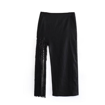 jinran Summer Women Solid Tassel Top Skirts Sets 2023 Causal Sleeveless Backless O-neck Top High Waist Side Zipper Mid-Calf Skirts