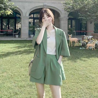 jinran Summer New Loose Casual Elegant Women's Shorts Suit Fruit Green Jacket Shorts Two Piece Set Female Tracksuit Office Leisure Suit