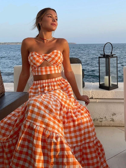 jinran Gingham Print Off Shoulder Sexy Front Cut Out Summer Dress Long Elegant Plaid Vintage Strapless Beach Dress Sleeveless