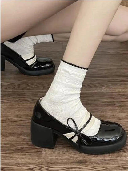 jinran French Vintage Mary Jane Shoes Women Summer New Leather Small Leather Shoes Female Bow Gentle Style Pure Color Chunky Heel Shoes
