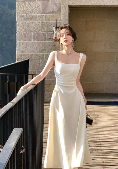 jinran 2023 Spring New Elegant Square Collar Midi Party Dress  For Women Long Sleeve Black White Slim Vestidos Female Clothes