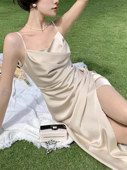 jinran Women Summer Backless Elegant Sexy Strap Split Satin Dress Female Sleeveless Camisole Vestidos Beach Clothes