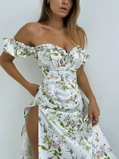 jinran WannaThis Summer Floral Off Shoulder Puff Sleeve Maxi Dress For Woman Robe Sexy Lace Up Side Split Chic Mid-Calf Aesthetic Dress