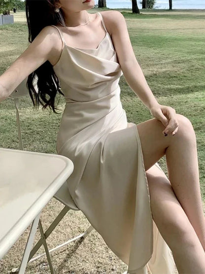 jinran Women Summer Backless Elegant Sexy Strap Split Satin Dress Female Sleeveless Camisole Vestidos Beach Clothes