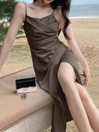 jinran Women Summer Backless Elegant Sexy Strap Split Satin Dress Female Sleeveless Camisole Vestidos Beach Clothes
