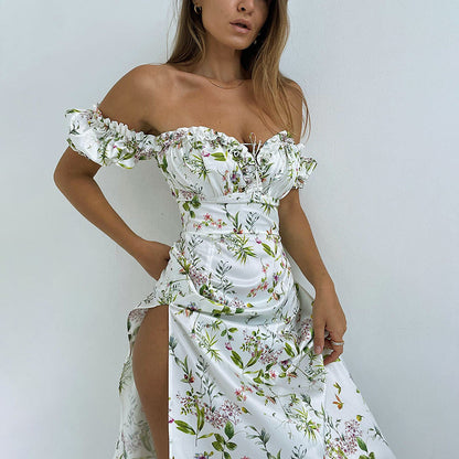 jinran Summer Floral Off Shoulder Puff Sleeve Maxi Dress For Woman Robe Sexy Lace Up Side Split Chic Mid-Calf Aesthetic Dress