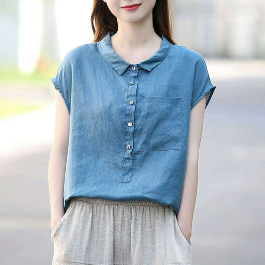 jinran Summer Women Shirt Plus Size Peter Pan Collar Loose Casual Short Sleeve Shirts Solid Cotton Vintage Blouse Female Linen Top D117