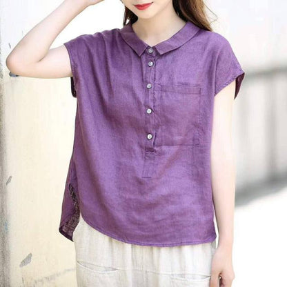 jinran Summer Women Shirt Plus Size Peter Pan Collar Loose Casual Short Sleeve Shirts Solid Cotton Vintage Blouse Female Linen Top D117