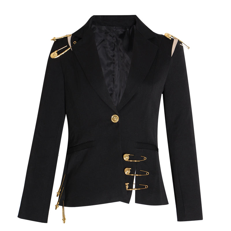 jinran Loose Fit Black Hollow Out Pin Spliced Jacket Blazer New Lapel Long Sleeve Women Coat Fashion 2022 Autumn Winter