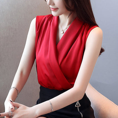 jinran Silk Blouses Women Summer Satin Blouse Shirts Woman Korean V-neck Sleeveless Shirt Women Blouses Elegant Womens Tops and Blouses