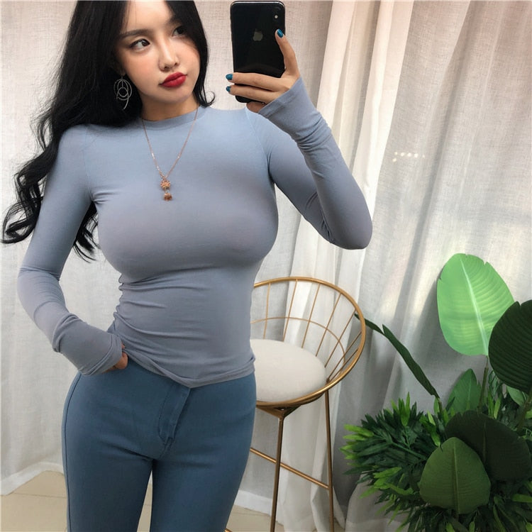 jinran Thin Summer Top Sexy T Shirt Women 2020 Elasticity T-Shirt Korean Style Woman Clothes Slim Tshirt Female Casual Long Sleeve Tops