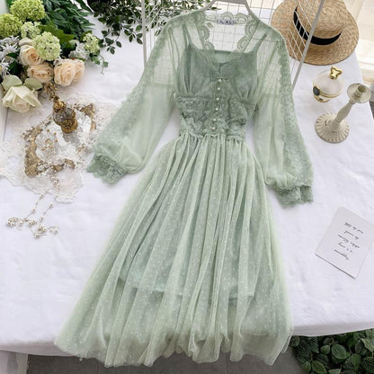 jinran Spring Women Mesh Lace Crochet Dresses V-neck Elegant Prom Puff Sleeves Dress Summer Dot Prom Party Sexy Slim Swing Long Dress