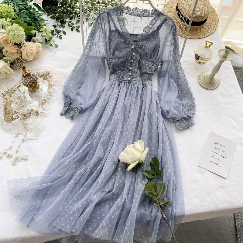 jinran Spring Women Mesh Lace Crochet Dresses V-neck Elegant Prom Puff Sleeves Dress Summer Dot Prom Party Sexy Slim Swing Long Dress