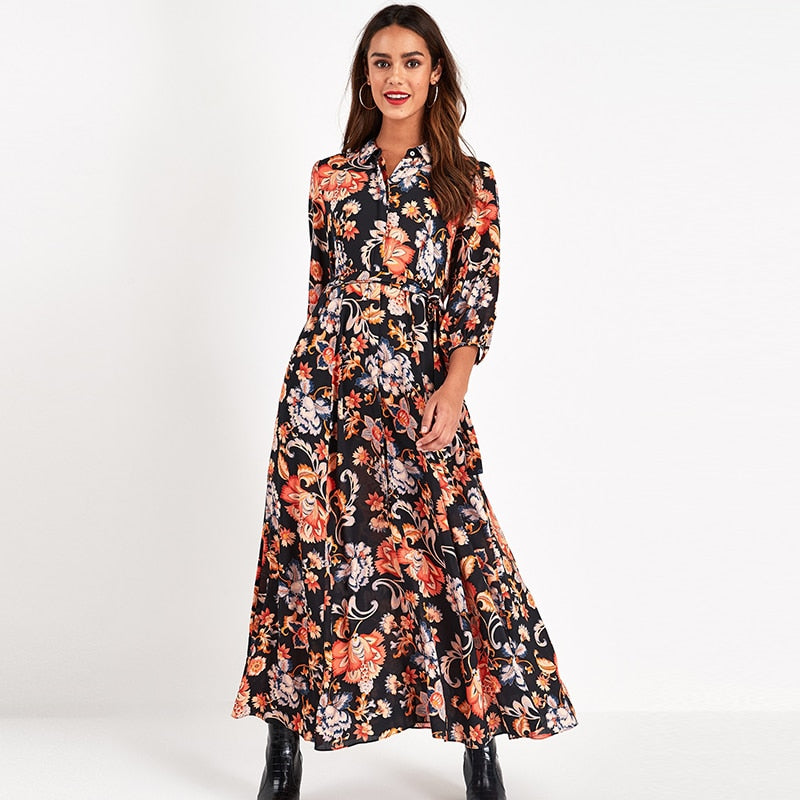 jinran Vintage Floral Print Maxi Dress Women Boho Three Quarter Sleeve Long Dress Turn Down Collar Casual Shirt Dresses Robe