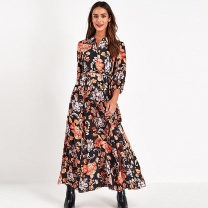 jinran Vintage Floral Print Maxi Dress Women Boho Three Quarter Sleeve Long Dress Turn Down Collar Casual Shirt Dresses Robe