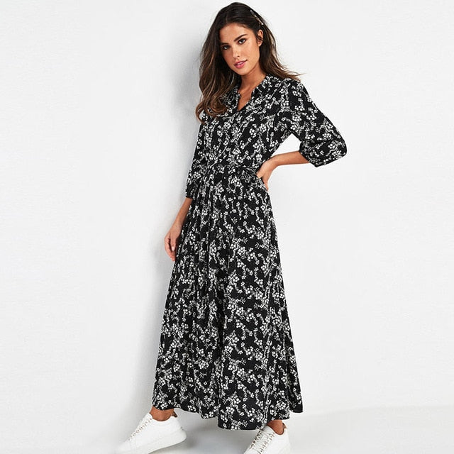 jinran Vintage Floral Print Maxi Dress Women Boho Three Quarter Sleeve Long Dress Turn Down Collar Casual Shirt Dresses Robe