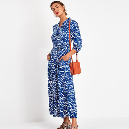 jinran Vintage Floral Print Maxi Dress Women Boho Three Quarter Sleeve Long Dress Turn Down Collar Casual Shirt Dresses Robe