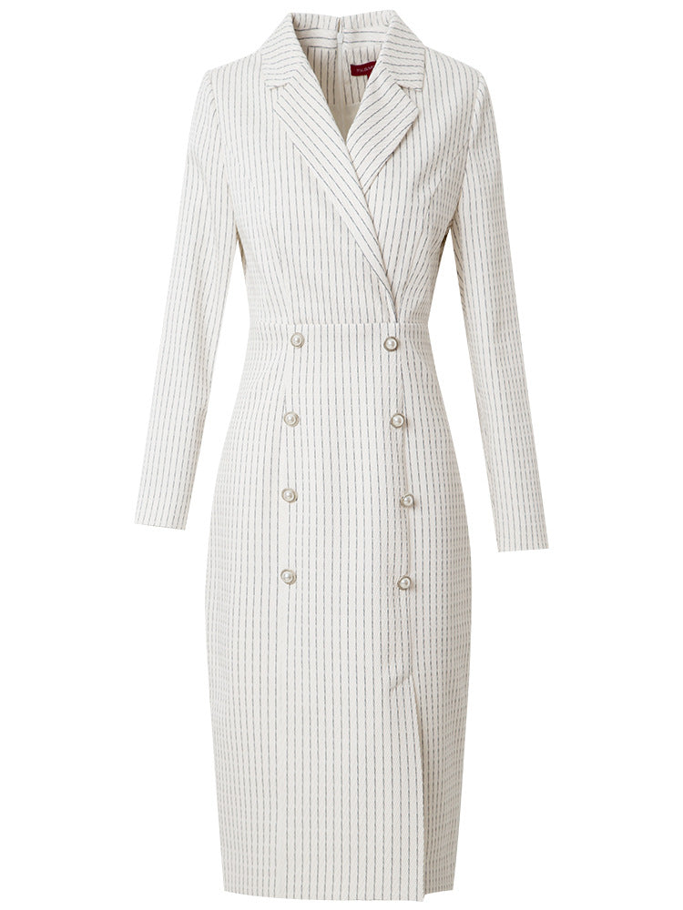 jinran Women&#39;s autumn new high waist slim suit collar professional medium length stripe dress