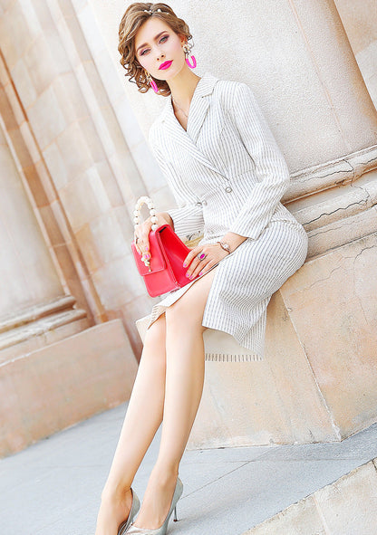 jinran Women&#39;s autumn new high waist slim suit collar professional medium length stripe dress