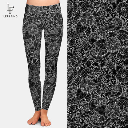 jinran 2022 New Fashion Women High Waist  Plus Size Black Leggings 3D  Printing Flowers Pattern Milk Silk Leggings Hot Sale