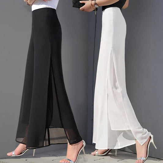 jinran Women&#39;s Summer Wide Leg Long Trousers Casual Vintage High Waist Chiffon Side Split Loose Bohemia Skirt Pants Capris Solid