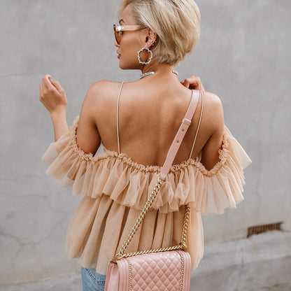 jinran Vintage Ruffle Summer Women Shirt Off Shoulder Sexy Peplum Top Female Mesh Backless Feminine Blouse Blusas