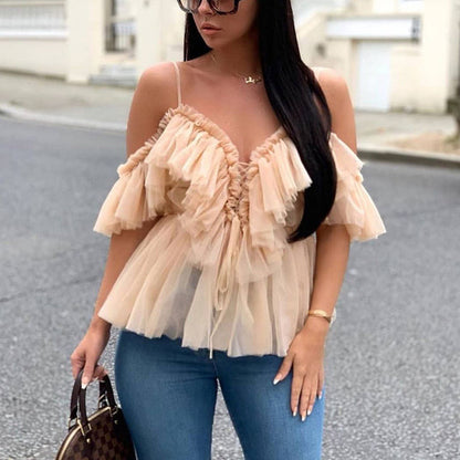 jinran Vintage Ruffle Summer Women Shirt Off Shoulder Sexy Peplum Top Female Mesh Backless Feminine Blouse Blusas