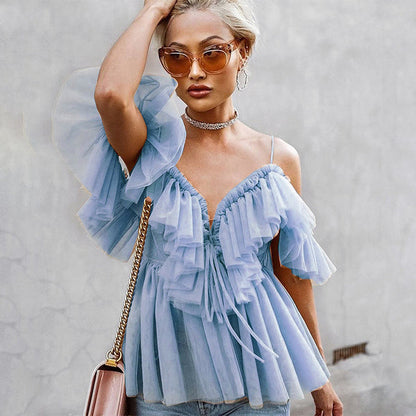 jinran Vintage Ruffle Summer Women Shirt Off Shoulder Sexy Peplum Top Female Mesh Backless Feminine Blouse Blusas