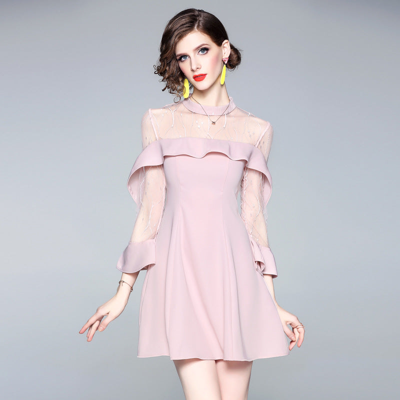 jinran Spring and summer 2022 new women&#39;s mesh splicing Ruffle Dress celebrity perspective sheath dresses butterfly sleeve cloth