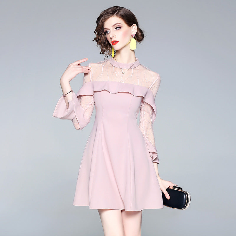 jinran Spring and summer 2022 new women&#39;s mesh splicing Ruffle Dress celebrity perspective sheath dresses butterfly sleeve cloth