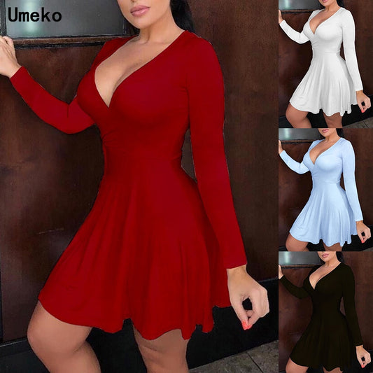 jinran Vintage V-Neck Dress Sexy A-line Draped Pure Color Femme Spring Mini Short Dresses Elegant Vestidos Women Party Dresses