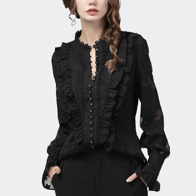 jinran Flared Sleeve Lace Tops Women Autumn New Fashion Long Sleeved Ruffles Mesh Shirts Loose Plus Size Female Causal Office Blouses