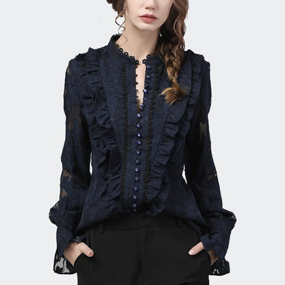 jinran Flared Sleeve Lace Tops Women Autumn New Fashion Long Sleeved Ruffles Mesh Shirts Loose Plus Size Female Causal Office Blouses