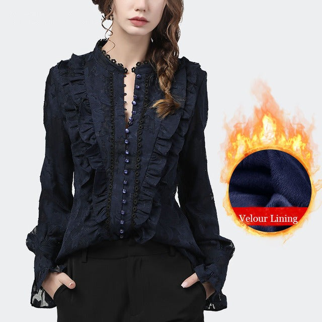 jinran Flared Sleeve Lace Tops Women Autumn New Fashion Long Sleeved Ruffles Mesh Shirts Loose Plus Size Female Causal Office Blouses