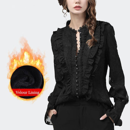 jinran Flared Sleeve Lace Tops Women Autumn New Fashion Long Sleeved Ruffles Mesh Shirts Loose Plus Size Female Causal Office Blouses