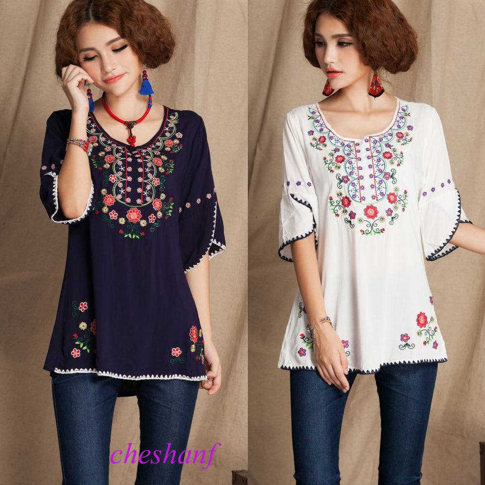 jinran 2022 Vintage 70s Mexican Floral Embroidery Boho Women Hippie Blouse Women Tunic Soft Cotton Summer Shirts Tops Blusa Mujer